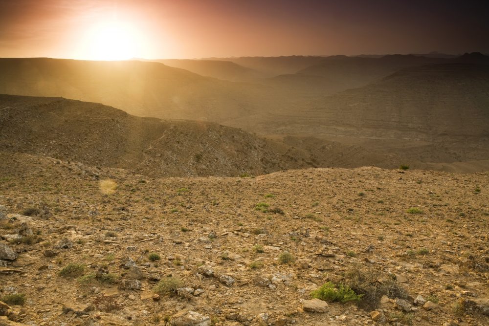 Valleys in sandstone desert at sunset, Hawf Protected Area, Yemen