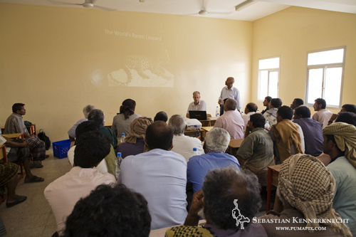 David Stanton and Yousuf Mohageb giving workshop on the benefits of protecting the Arabian Leopard, Hawf Protected Area, Yemen